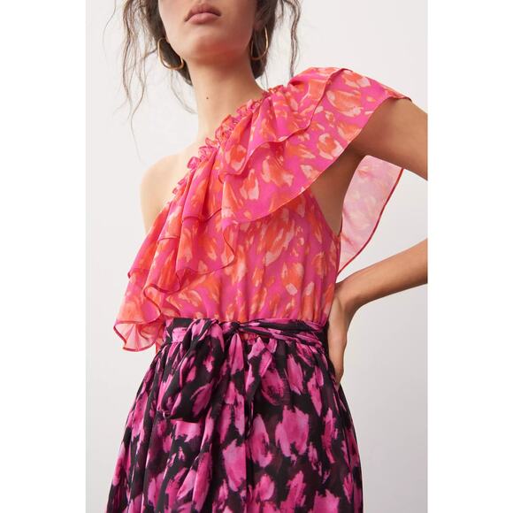 Anthropologie Dress Womens Small NWT Aida One Shoulder Maxi High Low Floral Pink - Picture 3 of 12